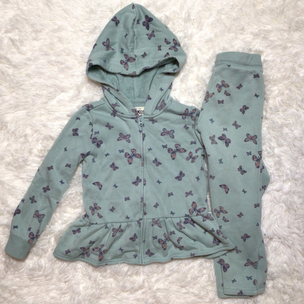 Osh Kosh Butterfly Peplum Ruffle Jogger Hoodie Set Light Blue Aqua 5 5T 4 Spring